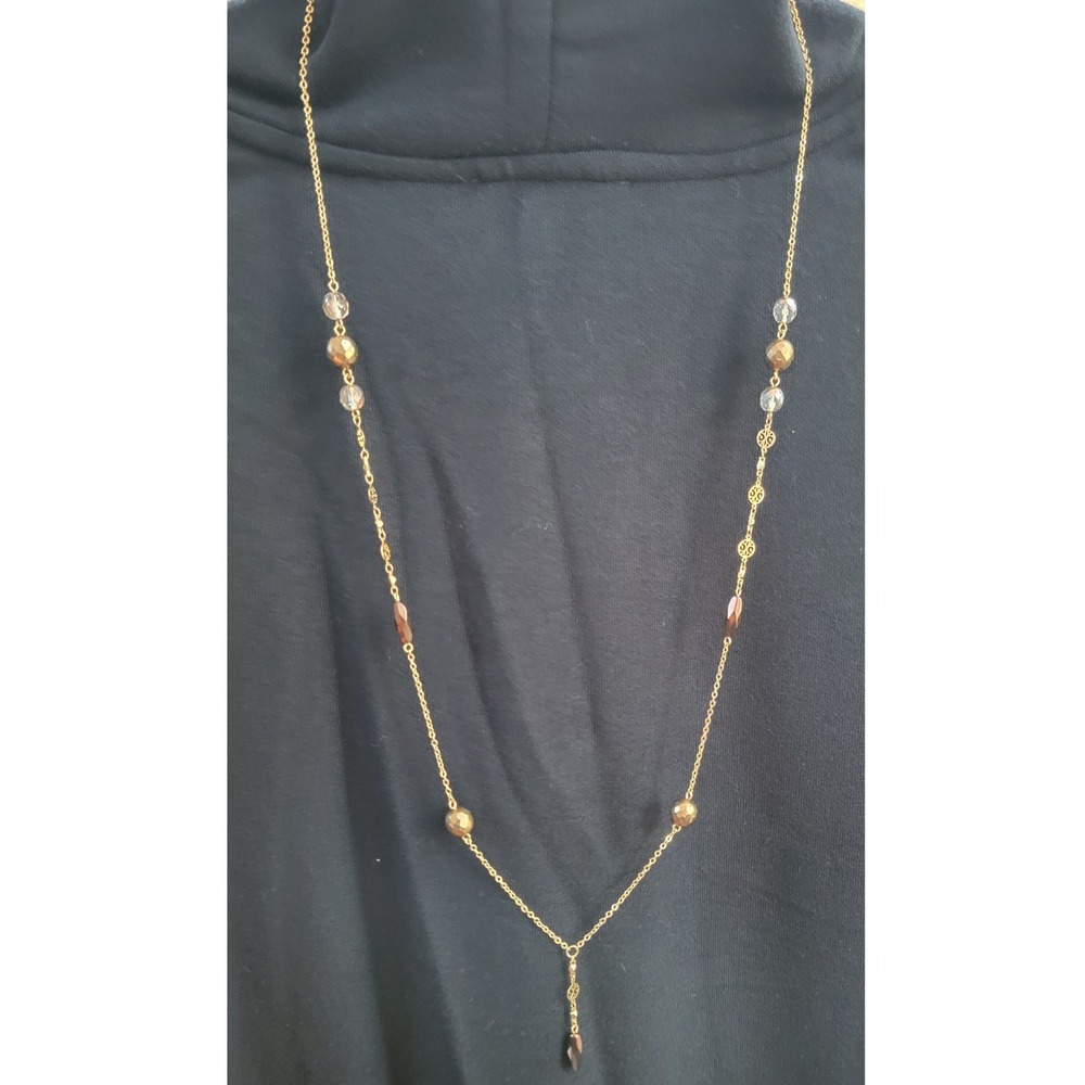 Rachel Gold Tone Long Station Y-Necklace Faceted Beads Amber Champagne 35 Inch